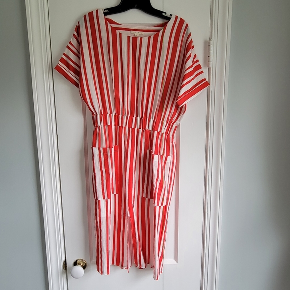 Linen cinched elastic waist linen apron pocketed dress - Picture 1 of 3